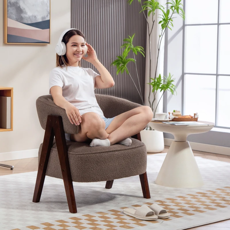 HOMCOM Fauteuil de salon en tissu bouclette, chaise rembourrée, assise large, dossier ergonomique, 70 x 64 x 71 cm, marron