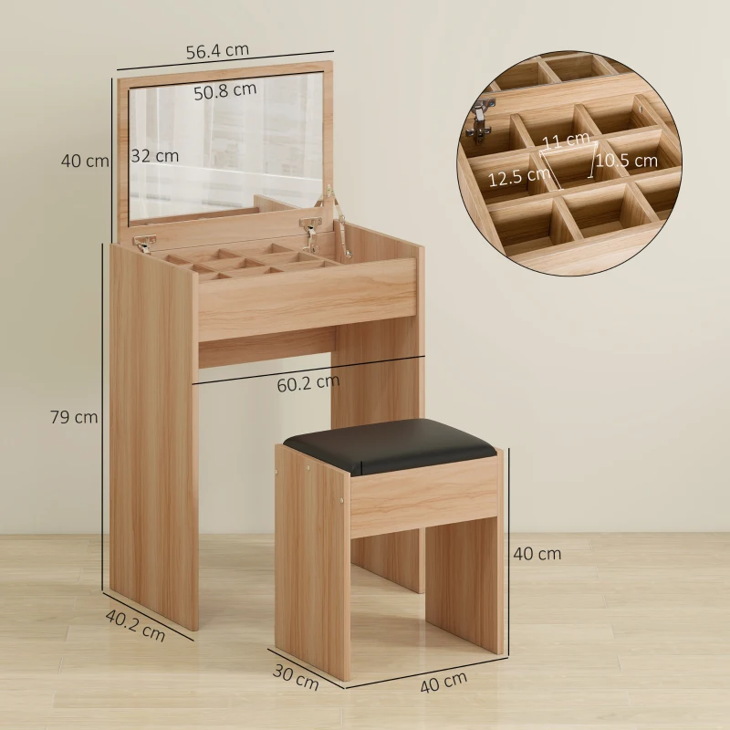 HOMCOM Dressing Table with Mirror and Stool, Vanity Makeup Table with Flip Up Mirror, Vanity Desk with Storage Unit and Padded Seat, Wood