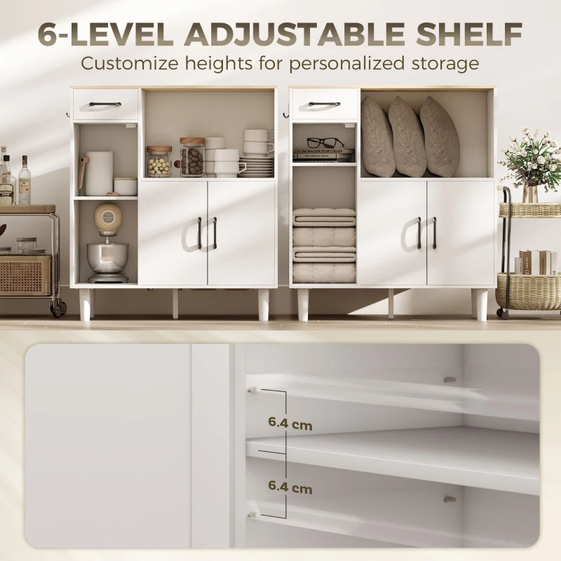 HOMCOM Dressoir Keukenkast met Lade, 2 Kasten, Open Vak, Geribbelde Acrylglasdeur 80 x 34 x 91 cm Wit+Eiken