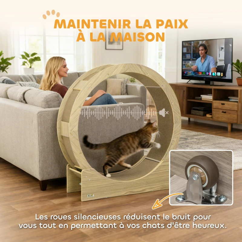 PawHut Roue de course pour chat d'intérieur tapis roulant avec frein coussins de grattage diamètre 91 cm naturel
