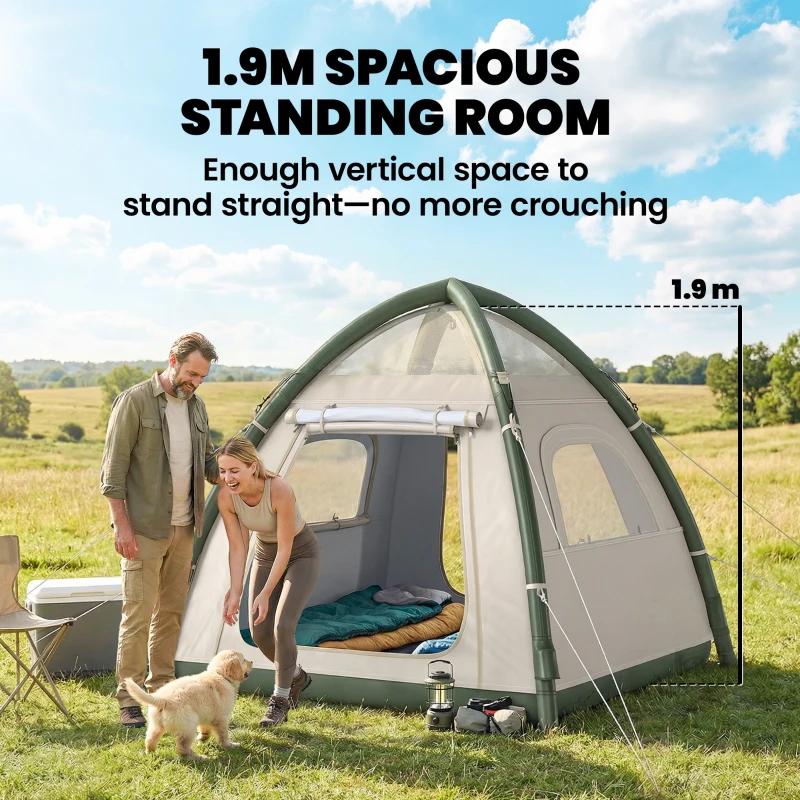 Outsunny Inflatable Camping Tent with Rainfly, 3 Man Air Tent 3000mm Waterproof Blow Up Tents, Beige