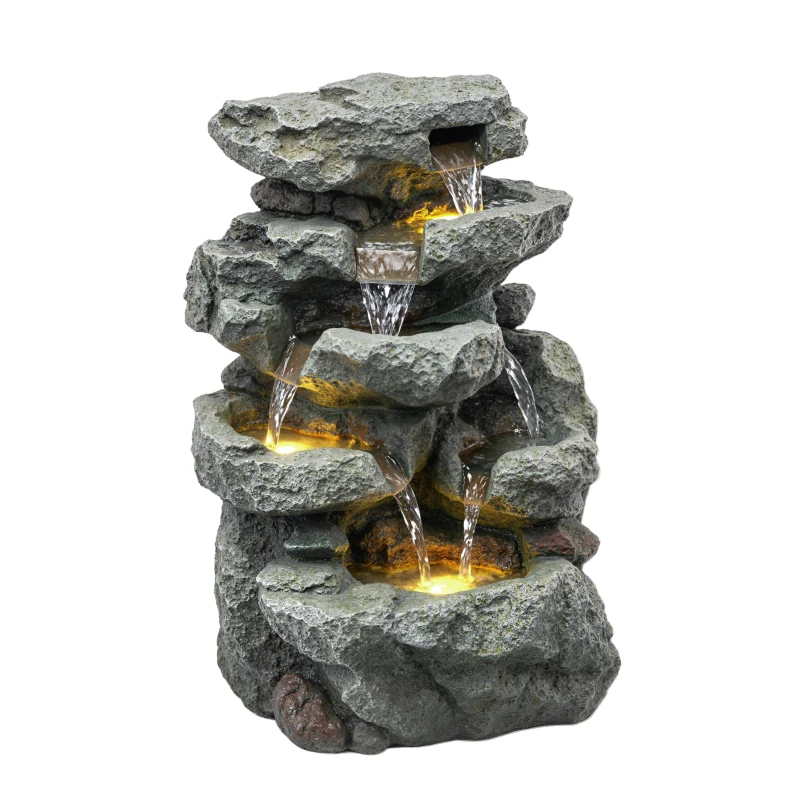 Outsunny Outdoor Fountain with 6-Tier Rock Design, Waterfall Feature with LED Lights, Resin Freestanding Garden Fountain, Grey