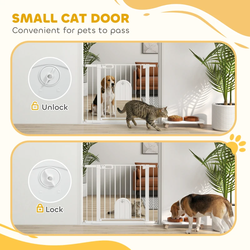 PawHut Dog Gate with Cat Flap Pet Safety Gate Barrier, Stair Pressure Fit, Auto Close, Double Locking, for Doorways, Hallways, 75-103 cm White