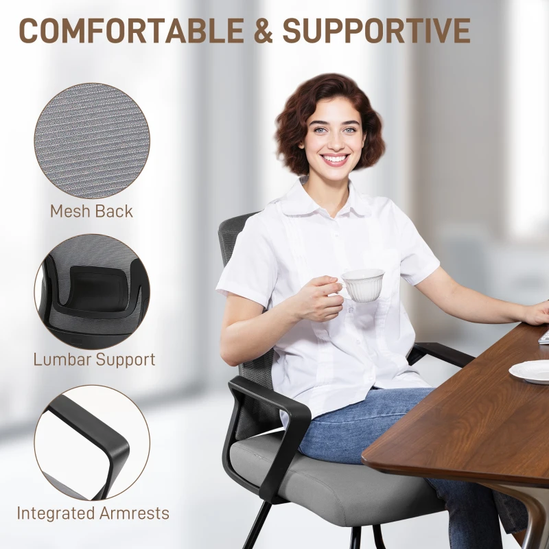 HOMCOM Desk Chair No Wheels, Office Chair with Mesh Back, Lumbar Support, Metal Base for Waiting Room, Conference Room, Dark Grey