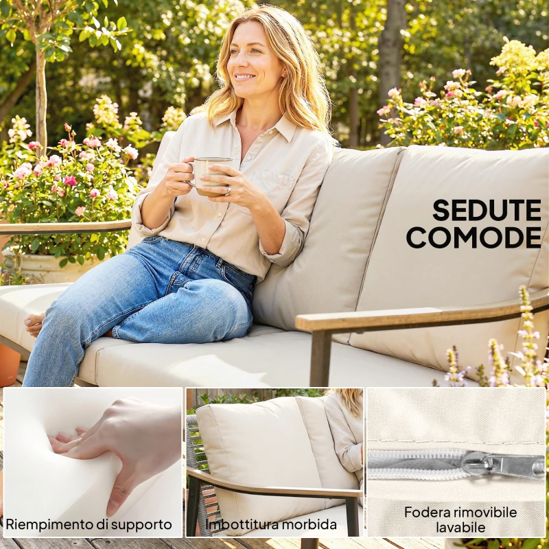 Outsunny Divano da Esterno a 3 Posti  in Rattan con Braccioli Effetto Legno e Schienale, per Veranda, Cortile, Cachi