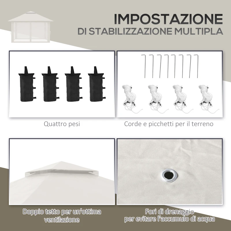 Outsunny Gazebo Pieghevole 4x4 m ad Altezza Regolabile con Zanzariera e Borsa, in Metallo e Tessuto Oxford Crema