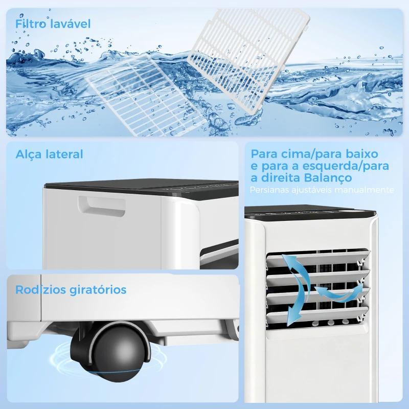 HOMCOM Ar Condicionado Portátil 7000 BTU 4 em 1 Arrefecimento Desumidificador Ventoinha Temporizador para 26 m² Branco