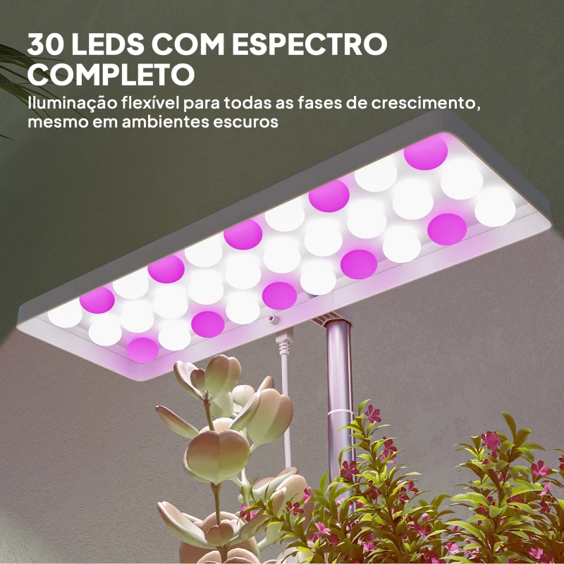 Outsunny Luz de Crescimento com 30 LED de Espectro Completo Ajustável em Altura com Temporizador Automático 8/12/16/24H 5 Níveis de Brilho e 3 Vasos 31,8x13,4x18,6-35,6 cm Branco
