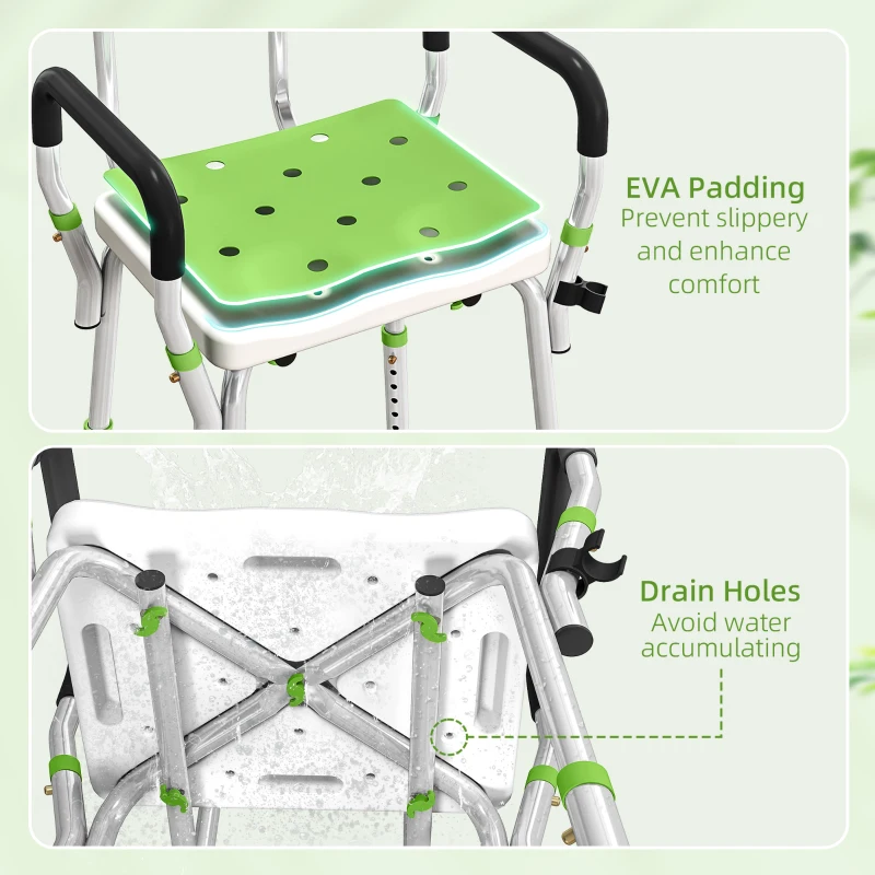 HOMCOM EVA Padded Shower Chair for the Elderly and Disabled, Height Adjustable Shower Stool with Back and Arms, 4 Suction Foot Pads, Green