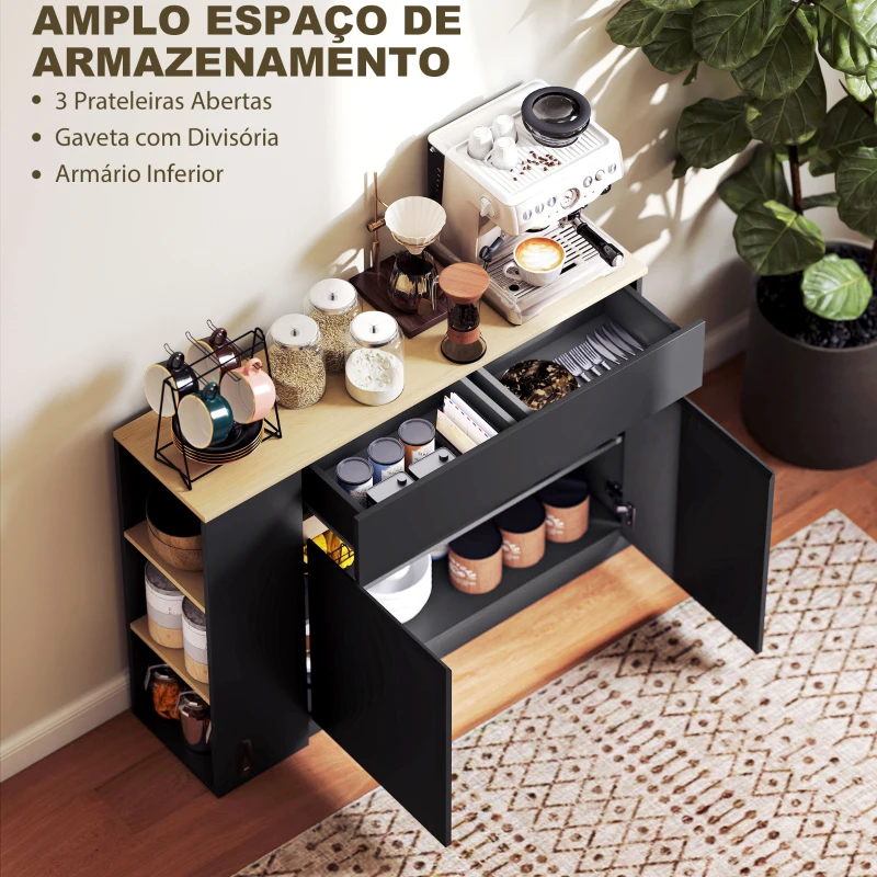 HOMCOM Aparador de Cozinha com Armário 2 Gavetas 3 Prateleiras Abertas 2 Portas e Prateleira Ajustável 110x29,5x82 cm Preto