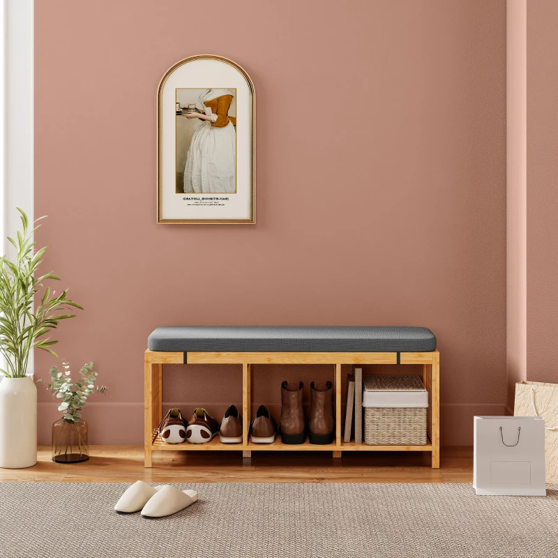 HOMCOM Bamboo Shoe Bench, Entryway Storage Bench with Padded Cushion and Open Shelf, Natural Wood Finish