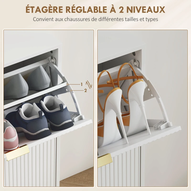 HOMCOM Meuble à chaussures 20 paires avec 4 tiroirs rabattables, portes cannelées et étagères réglables, 105x24x91,5cm, blanc