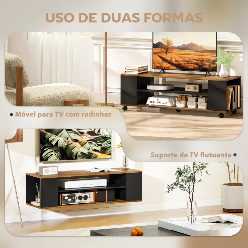 HOMCOM Móvel para TV com Rodas Armário para TV Flutuante com 2 Portas e 2 Prateleiras 120x40x38,5 cm Preto e Nogueira
