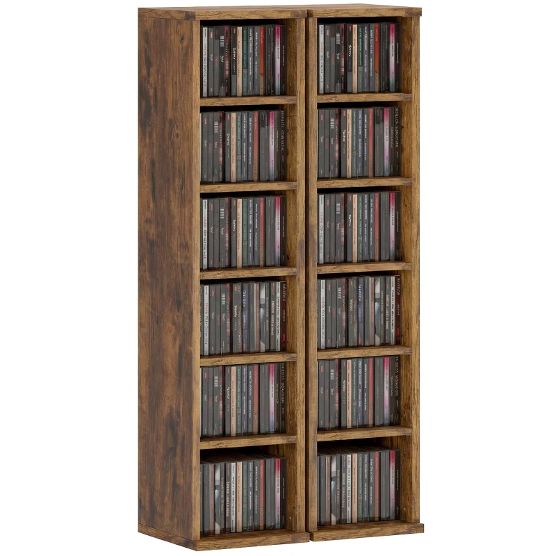 HOMCOM Set of 2 CD Media Display Shelf Unit Tower Rack with Adjustable Shelves, Rustic Brown
