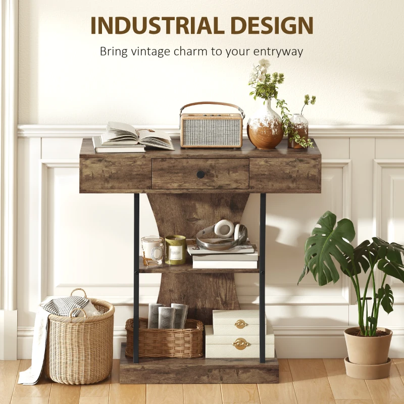 HOMCOM Console Table, 3-Tier Industrial Hallway Table with Drawer, Storage Shelves, 91 x 32 x 87 cm, Rustic Brown