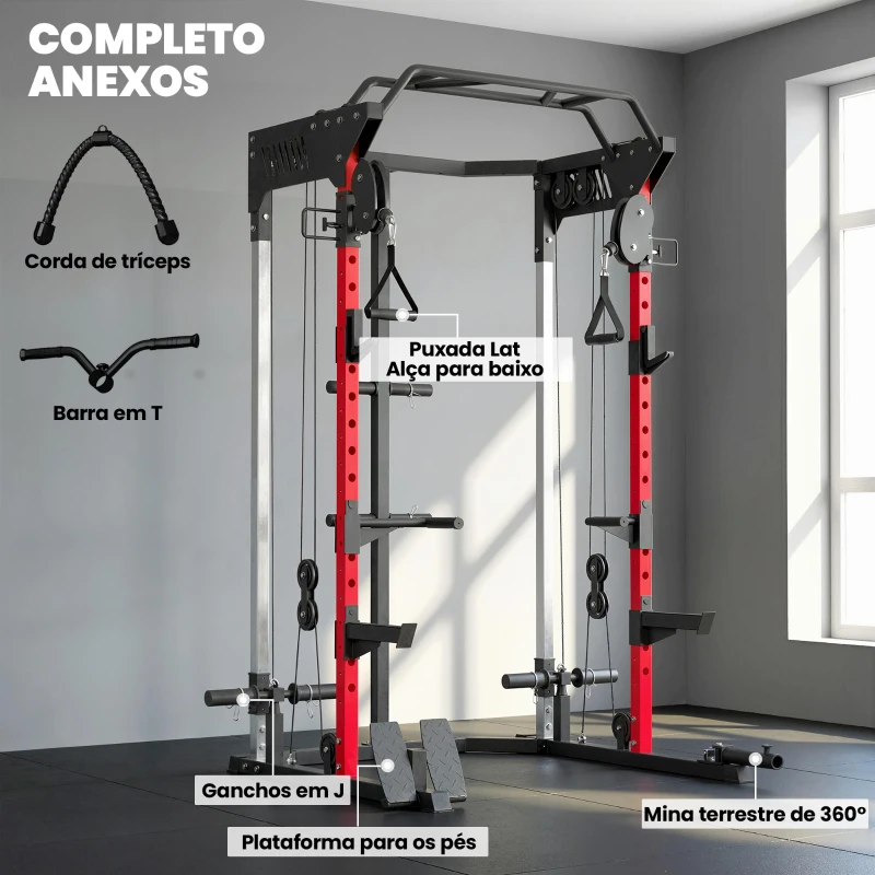 SPORTNOW Máquina de Musculação com Sistema de Roldanas Ajustável Barra de Elevações e Estação de Fundos 168x128x215 cm Preto