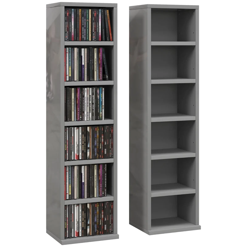 HOMCOM Set of 2 CD Media Display Shelf Unit Tower Rack with Adjustable Shelves, High Gloss Grey