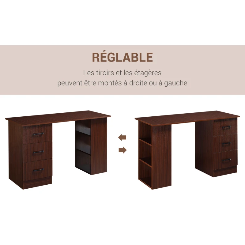 HOMCOM Bureau d'ordinateur réversible, table informatique avec 3 tiroirs et 3 étagères ouvertes, 120 x 49 x 72 cm, noyer