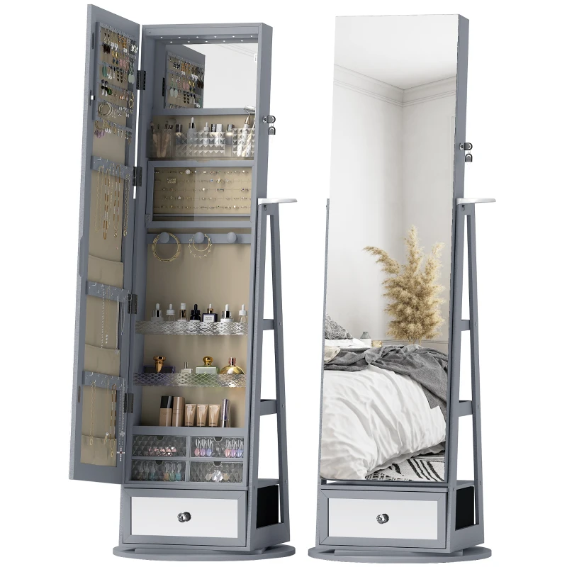 HOMCOM Espelho de Pé Giratório 360° com Espelho com Interior Iluminado Organizador de Jóias com Prateleiras e Gavetas 56x56x164