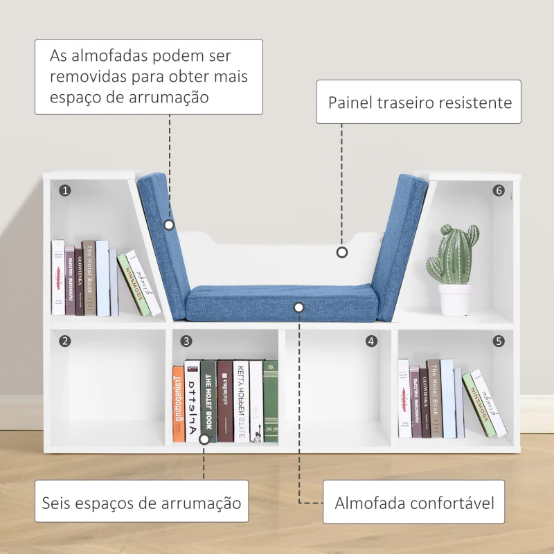 HOMCOM Estante para Livros com Banco Integrado e 6 Cubos Estante Infantil com Assento 102x30x61 cm Branco e Azul