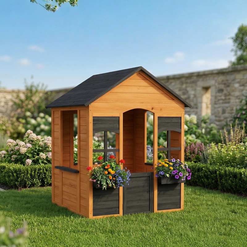AIYAPLAY Cabane enfant extérieur en bois, maison enfant extérieure, demi-porte, fenêtres, bacs à fleurs, 3-8 ans, marron clair
