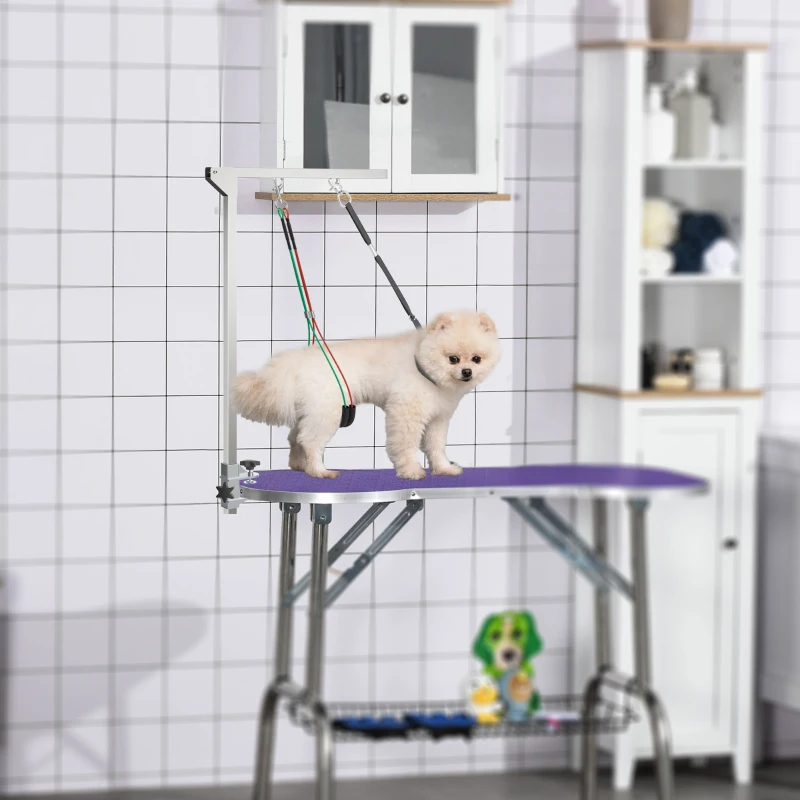 PawHut Bras de toilettage pliable pour animaux de compagnie en acier inoxydable avec collier de serrage pour chiens de grande et petite taille hauteur réglable max. 74 cm