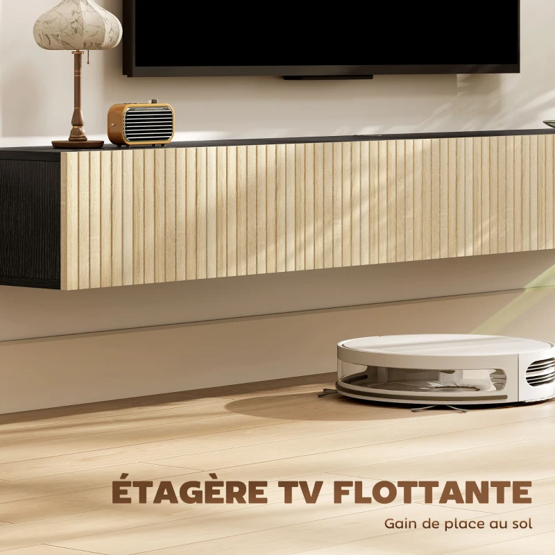 HOMCOM Meuble TV suspendu 140cm, meuble télé pour téléviseur 72 pouces, 2 portes rabattables, 140x25x22cm, bois naturel et noir