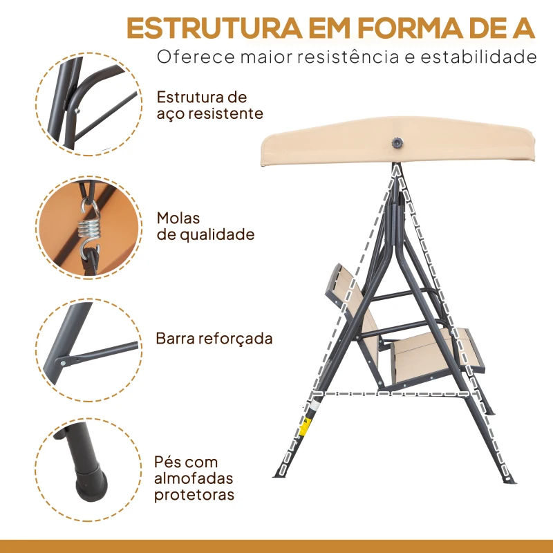 Outsunny Baloiço de Jardim Exterior de 3 Lugares com Toldo Reclinável Assento Respirável e Estrutura de Aço 175x118x159 cm Bege