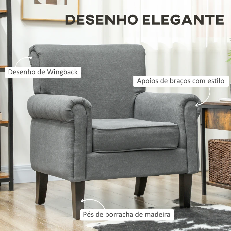 HOMCOM Poltrona Estofada em Tecido Poltrona Relax com Apoio para os Braços Assento Amovível e Lavável Pés de Madeira 79x78x87 cm Cinza Escuro