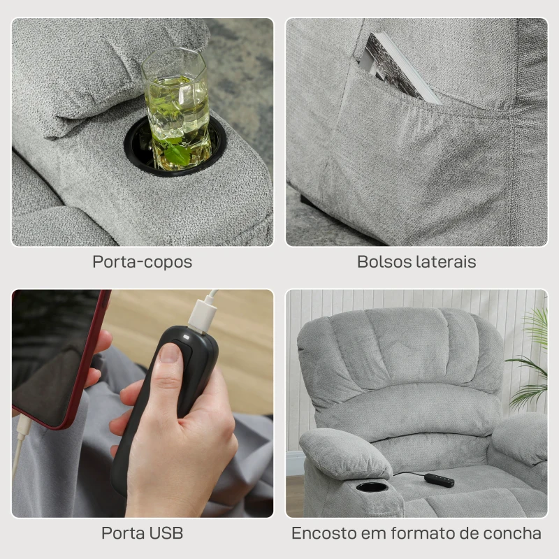 HOMCOM Poltrona Relax Reclinável Elétrica com Função Memória Apoia-Pés Controlo Remoto Bolsos Laterais Porta USB Porta-Copos Cinza