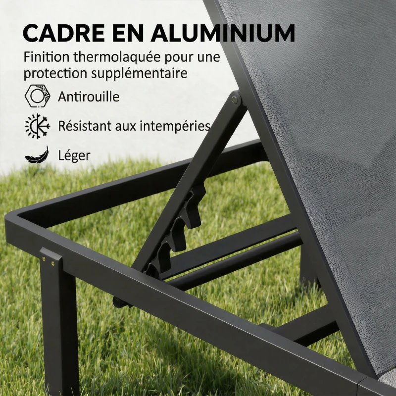 Outsunny Bain de Soleil Transat de Jardin avec Roulettes Inclinable à Plat 4 Positions et Textilène 530g/m² Gris Foncé