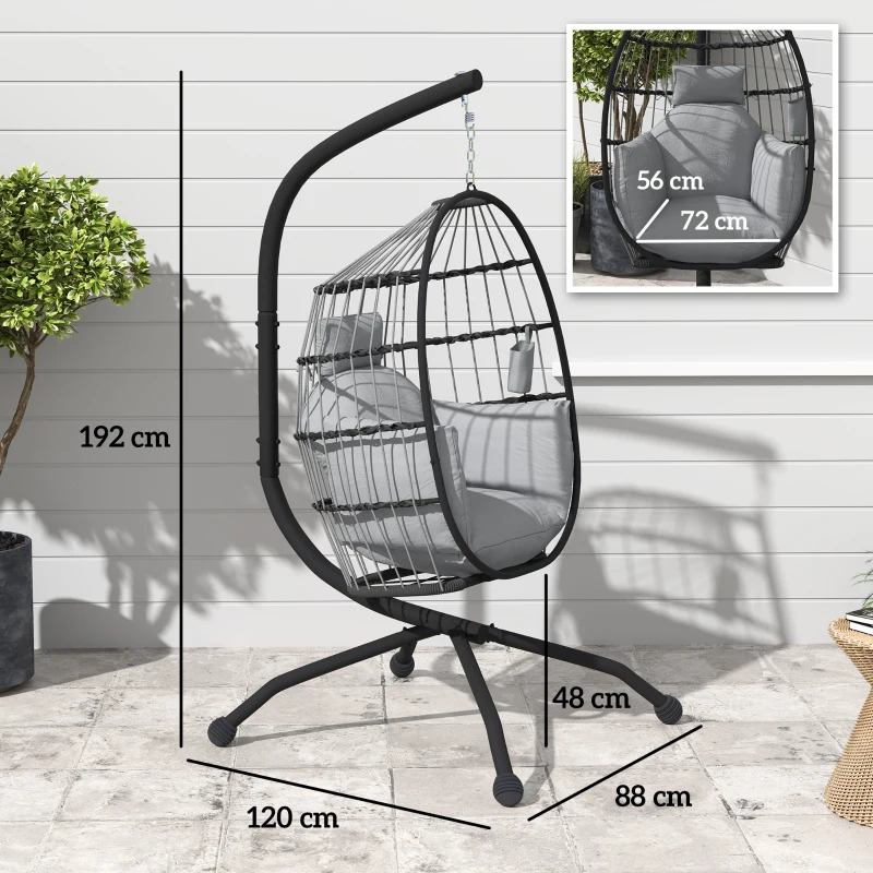 Outsunny Cadeira Suspensa com Suporte Cadeira Baloiço de Jardim com Cesto Dobrável Almofada e Apoio para a Cabeça 120x88x192 cm Cinzento
