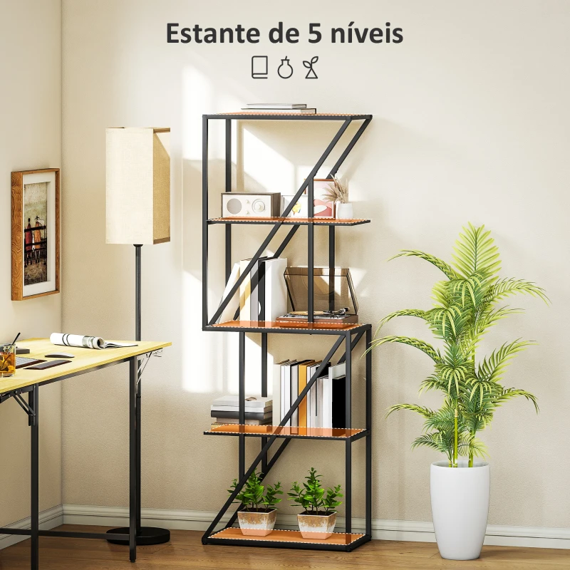 HOMCOM Estante de 5 Níveis Estante para Livros Estilo Industrial com Prateleiras Abertas e Estrutura de Aço 60x30x165 cm Madeira e Preto