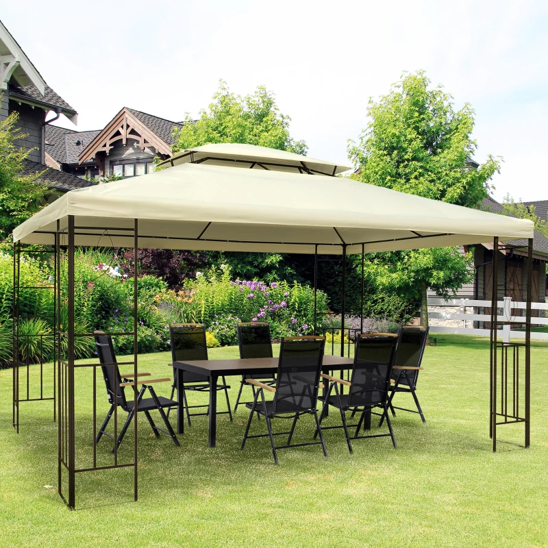 Outsunny Pérgola de Jardim 4x3 m com Telhado Duplo Estrutura de Aço Anti-UV para Exterior Terraço Pátio Branco Creme