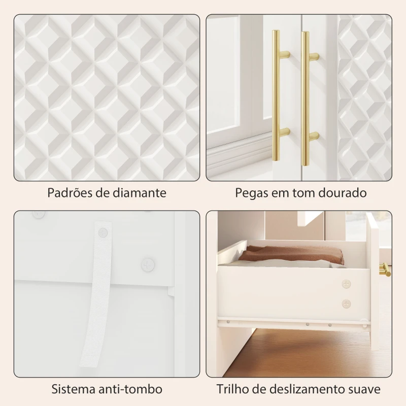 HOMCOM Roupeiro com Espelho 2 Portas e 2 Gavetas Relevo de Diamante Barra para Pendurar Estilo Moderno 80x50x180 cm Branco