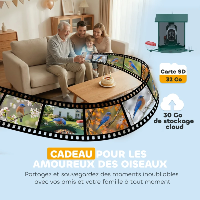 PawHut Mangeoire oiseaux avec caméra intelligente 2K coque acier anti-écureuil panneau solaire 30 x 34,5 x 26,3 cm vert