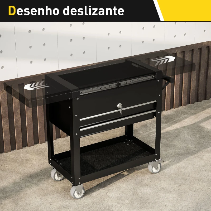 HOMCOM Carrinho de Ferramentas com Rodas Carrinho de Oficina Móvel com Tampa Deslizante 2 Gavetas com Fecho Bandeja 77,5–130x38x80 cm Preto