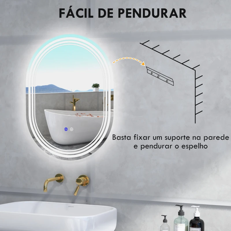 kleankin Espelho Casa de Banho com Iluminação 70x50 cm Espelho de Parede com 3 Cores de Luz Brilho Ajustável Função Anti-Embaciamento Função Memória