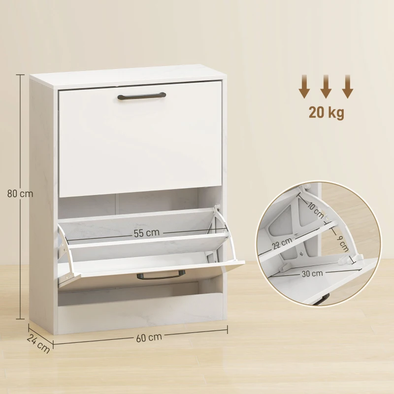HOMCOM Sapateira Estreita 2 Portas de Alto Brilho com Prateleiras Ajustáveis Design Mármore para 8 Pares de Sapatos 60x24x80 cm Branco