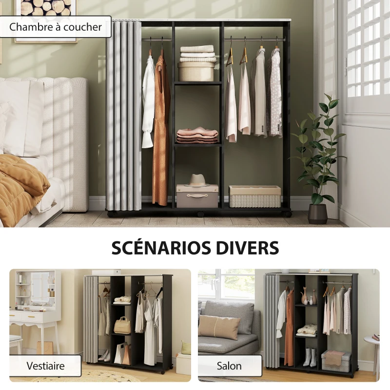 HOMCOM Armoire penderie Meuble de Rangement Mobile 6 roulettes 120L x 40l x 128H cm en bois Noir