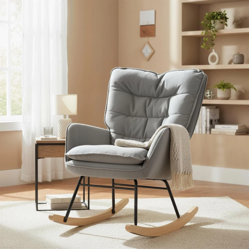 HOMCOM Poltrona Baloiço Estofada em Chenilla com Pés de Madeira de Faia e Apoio para os Braços para Lactância  71x98,5x97 cm Cinzento claro