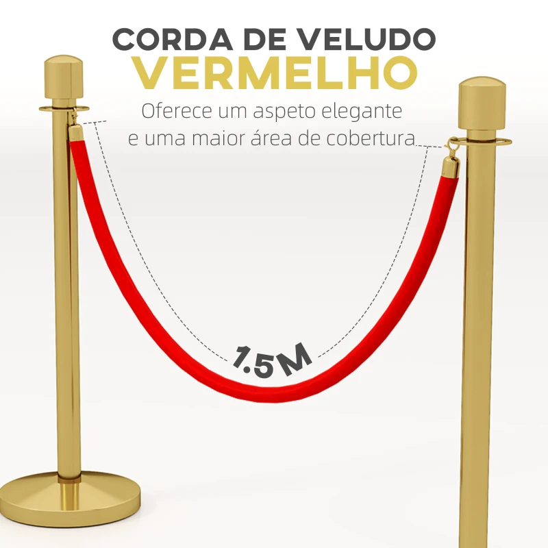 HOMCOM Conjunto de 2 Postes Separadores em Aço Inoxidável com Corda de Veludo Vermelho de 1,5 m e Base Preenchível Dourado