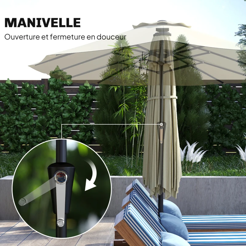 Outsunny Parasol de Jardin Double 36 LED Solaires Rectangulaire UPF 50+ Structure à 12 Baleines avec Manivelle 395x215cm Beige