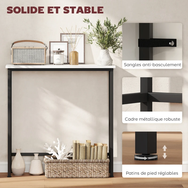 HOMCOM Console meuble 75 cm, table console plateaux en effet marbre, cadre en métal, style moderne blanc et noir