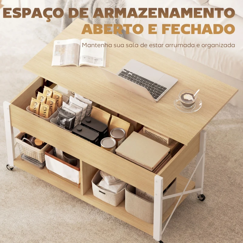 HOMCOM Mesa de Centro Elevatória com Rodas Compartimento Oculto e Prateleiras Abertas 105x50x67 cm Madeira e Branco