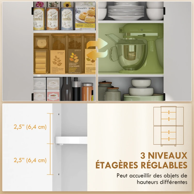 HOMCOM Buffet haut cuisine 6 niveaux, armoire de cuisine, 4 portes à chevrons et 4 étagères réglables, 76x40x178,5cm, blanc