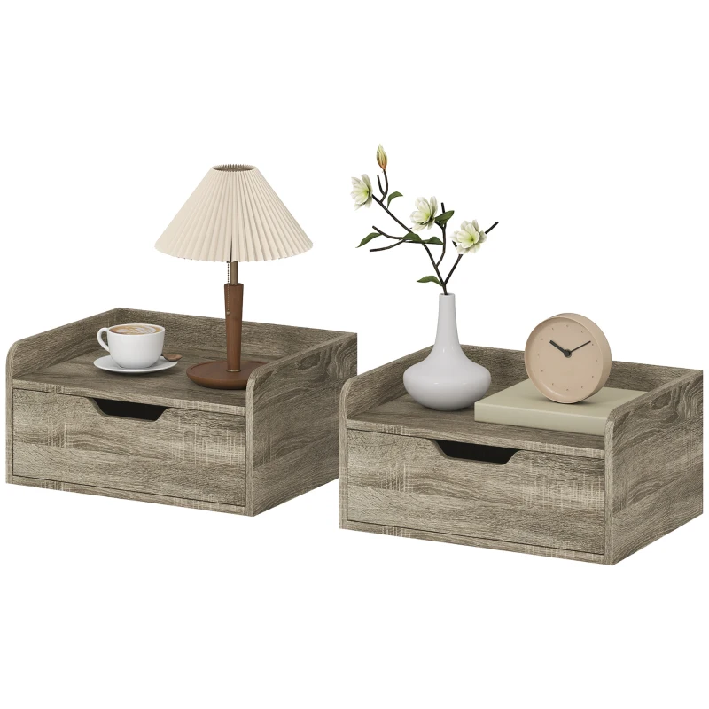 HOMCOM Floating Nightstands Set of 2, Wall Mounted Bedside Table with Drawer for Bedroom, Grey Wood Effect