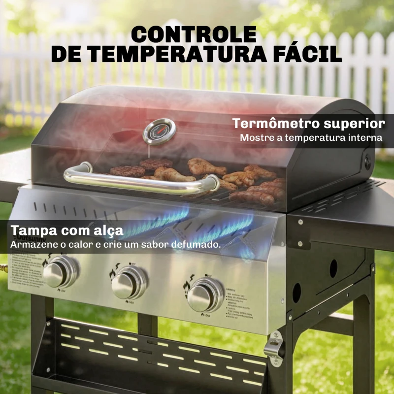 Outsunny Barbecue a Gás com 3 Queimadores 9 kW Termómetro Mesas Laterais Dobráveis e 2 Rodas Ganchos Preto