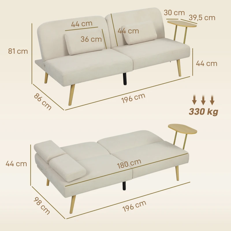 HOMCOM Sofá Cama de 3 Lugares com Mesa Auxiliar 3 em 1 com Encosto Ajustável Abertura Click-Clack 196x86x81 cm Bege
