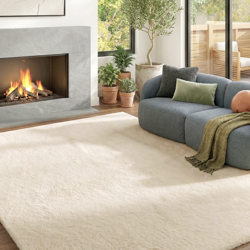 HOMCOM Tapete para Sala de Estar 120x160 cm Tapete Lavável à Máquina Pelo Longo Macio Estilo Moderno Creme